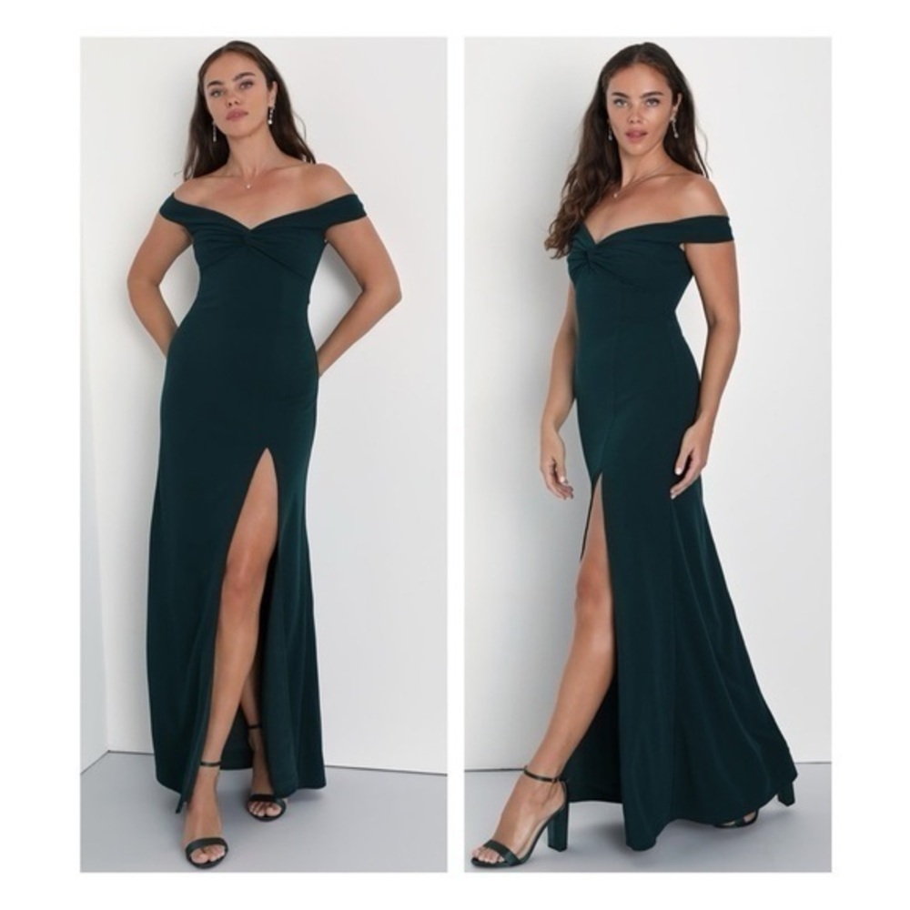 ⚫️ LULUS Behold My Love Emerald Off-The-Shoulder Twist-Front Maxi Dress